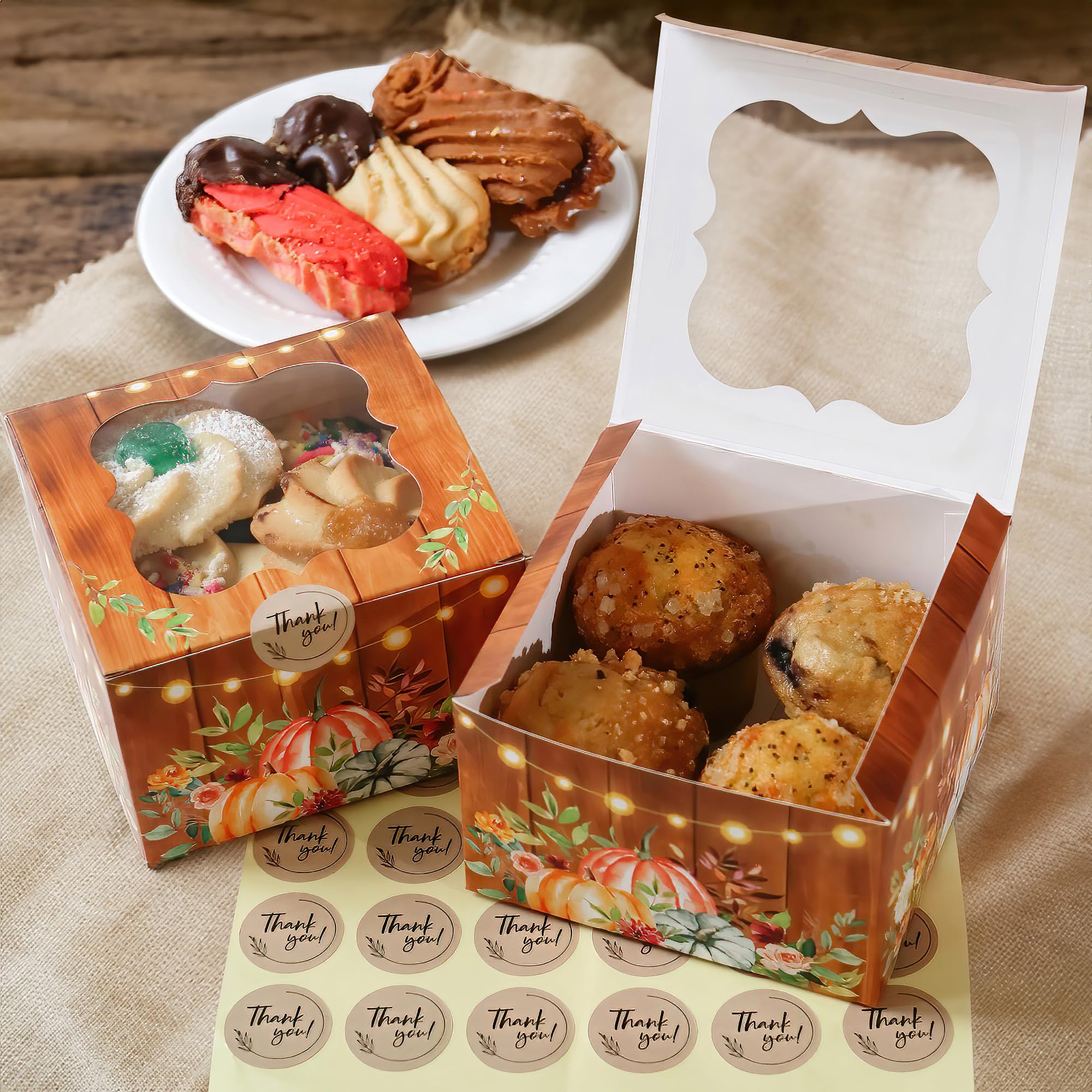 Fall Cookie Boxes with Window and Decorative Seal Sticker (Set of